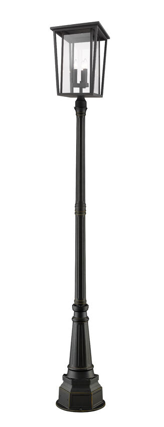 Z-Lite Seoul 14" W x 106" H 3-Light Oil Rubbed Bronze Aluminum Frame Clear Glass Shade Outdoor Post Mounted Fixture