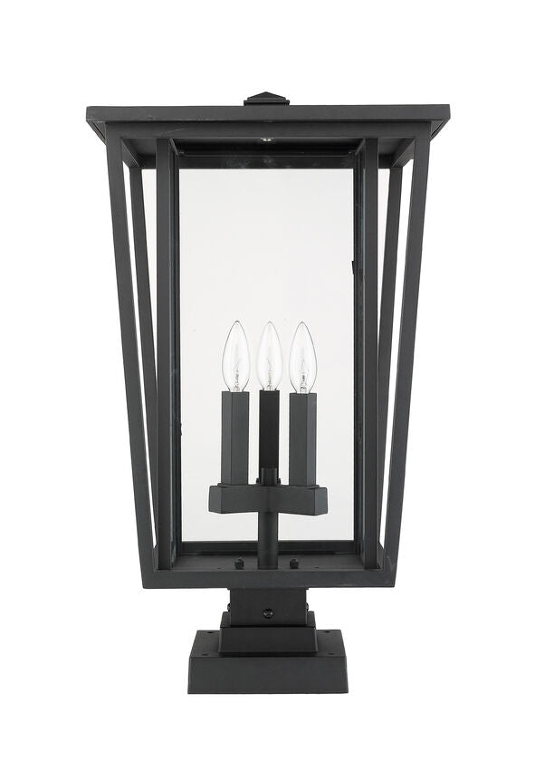 Z-Lite Seoul 14" W x 25" H 3-Light Black Outdoor Post Mount Fixture and Square Pier Mount With Clear Glass Shade