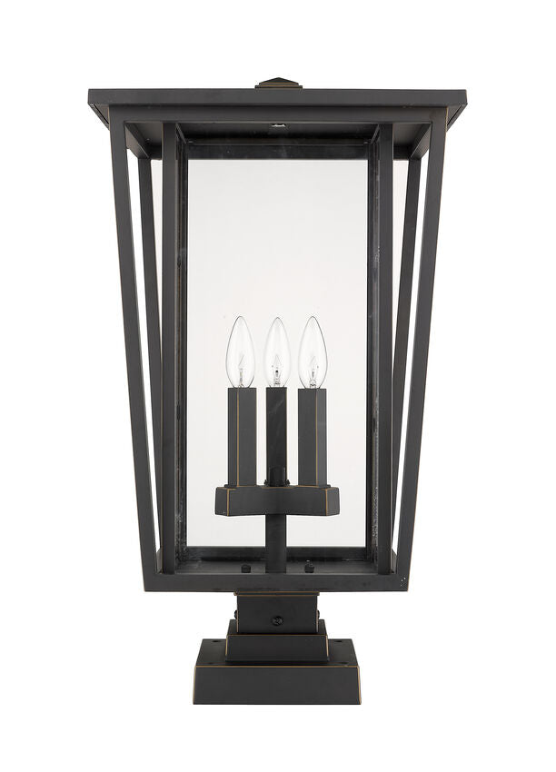 Z-Lite Seoul 14" W x 25" H 3-Light Oil Rubbed Bronze Outdoor Post Mount Fixture and Square Pier Mount With Clear Glass Shade