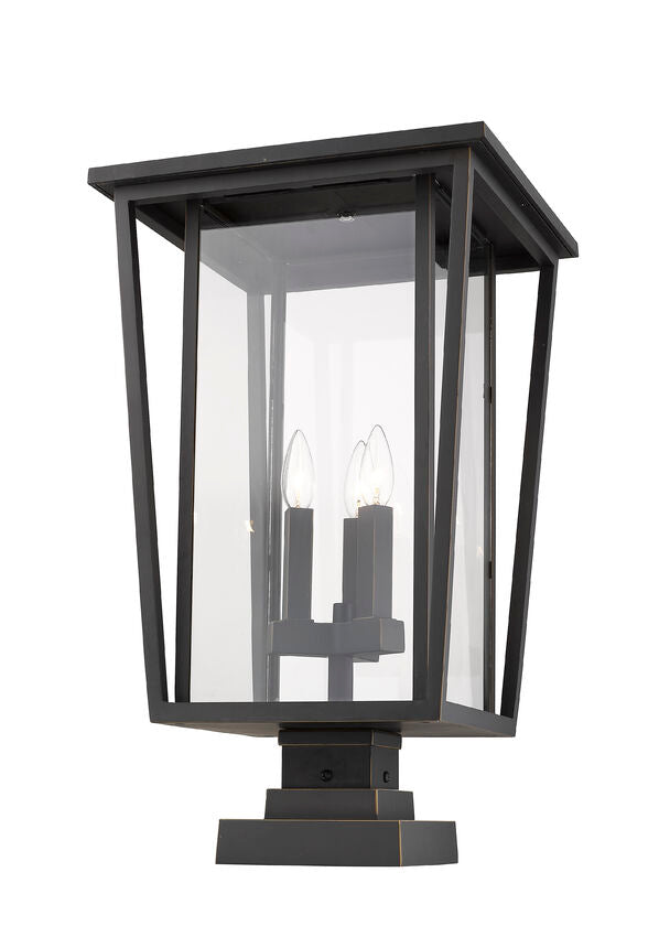 Z-Lite Seoul 14" W x 25" H 3-Light Oil Rubbed Bronze Outdoor Post Mount Fixture and Square Pier Mount With Clear Glass Shade