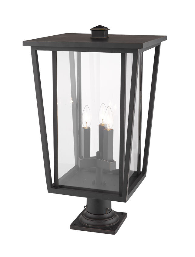 Z-Lite Seoul 14" W x 26" H 3-Light Oil Rubbed Bronze Outdoor Post Mount Fixture and Square Pier Mount With Clear Glass Shade