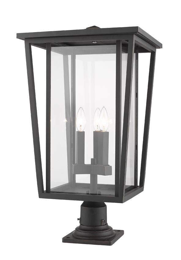 Z-Lite Seoul 14" W x 26" H 3-Light Oil Rubbed Bronze Outdoor Post Mount Fixture and Square Pier Mount With Clear Glass Shade
