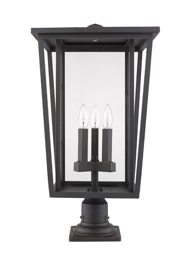 Z-Lite Seoul 14" W x 26" H 3-Light Oil Rubbed Bronze Outdoor Post Mount Fixture and Square Pier Mount With Clear Glass Shade