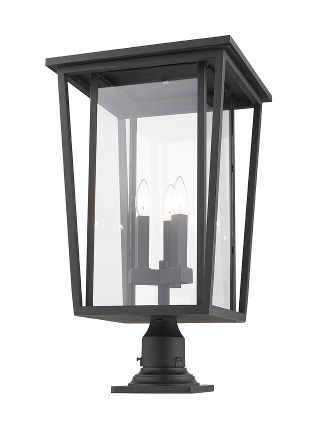 Z-Lite Seoul 14" W x 26" H 3-Light Oil Rubbed Bronze Outdoor Post Mount Fixture and Square Pier Mount With Clear Glass Shade