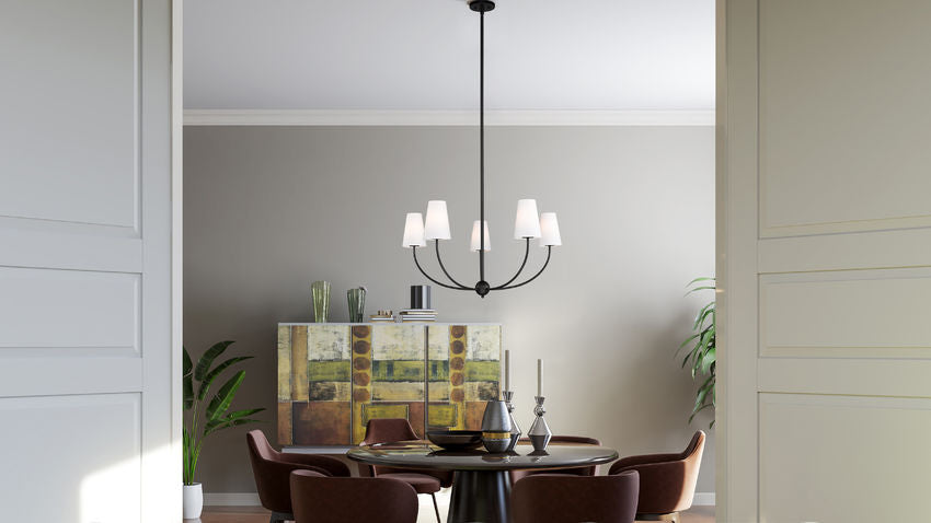 Z-Lite Shannon 32" 5-Light Matte Black Steel and White Fabric Shade Chandelier