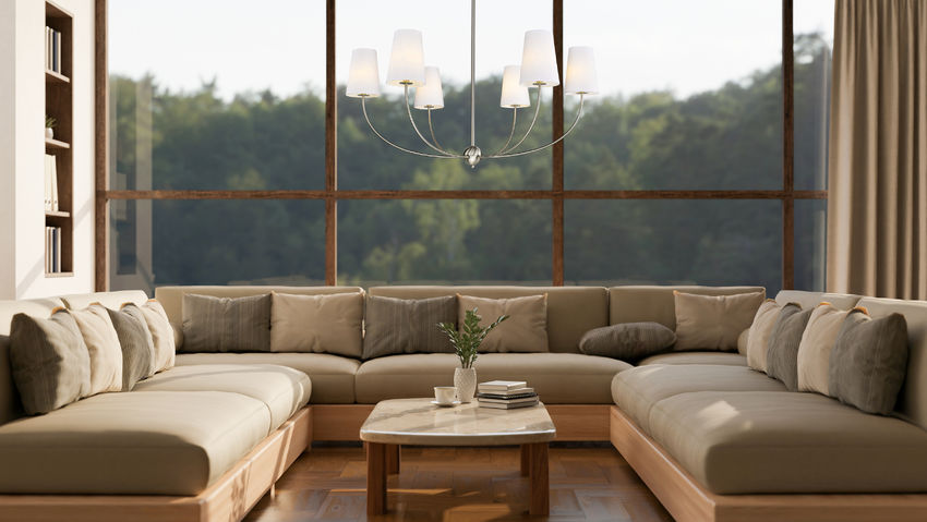 Z-Lite Shannon 42" 6-Light Brushed Nickel Steel and White Fabric Shade Chandelier