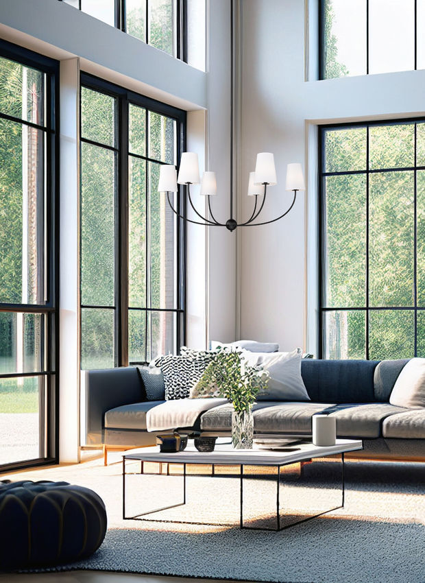 Z-Lite Shannon 42" 6-Light Matte Black Steel and White Fabric Shade Chandelier