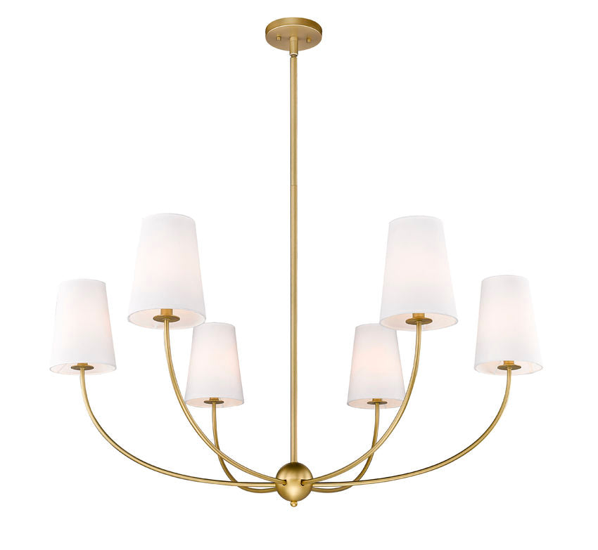 Z-Lite Shannon 42" 6-Light Rubbed Brass Steel and White Fabric Shade Chandelier