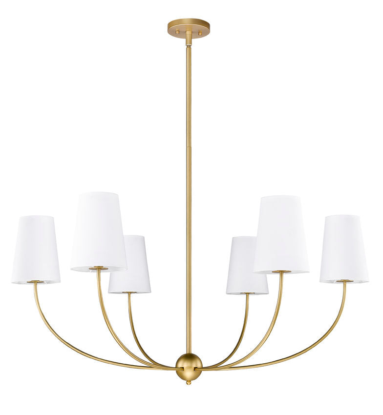 Z-Lite Shannon 42" 6-Light Rubbed Brass Steel and White Fabric Shade Chandelier