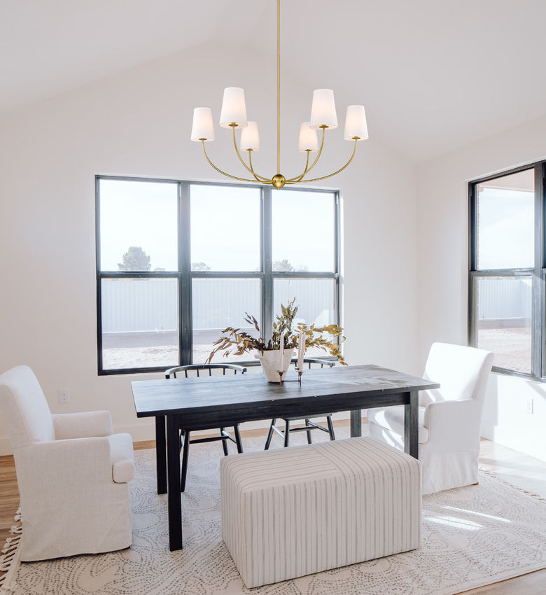 Z-Lite Shannon 42" 6-Light Rubbed Brass Steel and White Fabric Shade Chandelier