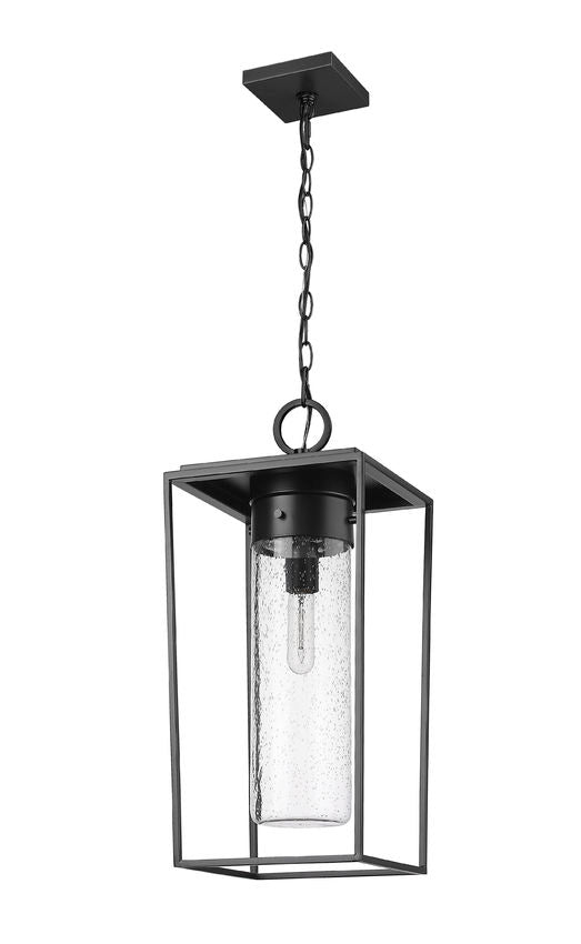 Z-Lite Sheridan 10" 1-Light Black Aluminum Outdoor Chain Mount Ceiling Fixture With Seedy Glass Shade