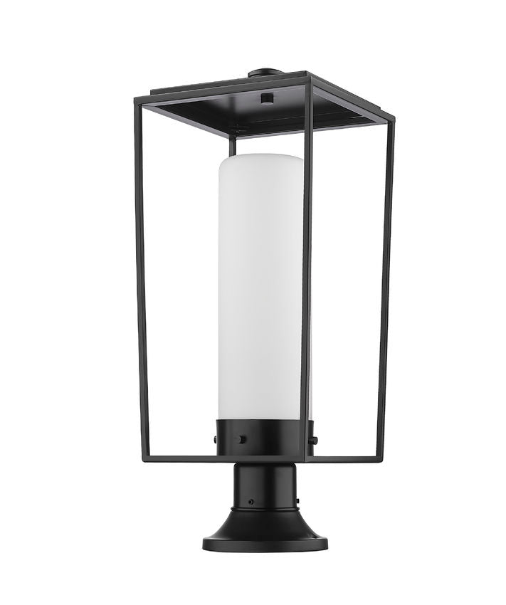 Z-Lite Sheridan 10" W x 25" H 1-Light Black Outdoor Pier Mounted Fixture and Round Pier Mount Hardware With White Opal Glass Shade