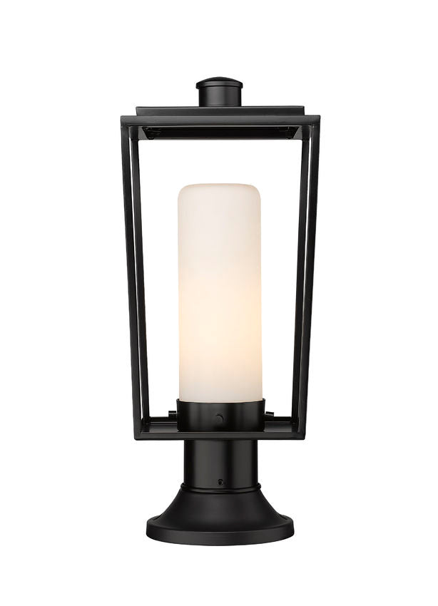 Z-Lite Sheridan 8" W x 20" H 1-Light Black Outdoor Pier Mounted Fixture and Round Pier Mount Hardware With White Opal Glass Shade