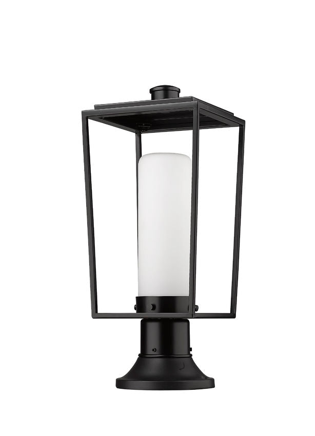 Z-Lite Sheridan 8" W x 20" H 1-Light Black Outdoor Pier Mounted Fixture and Round Pier Mount Hardware With White Opal Glass Shade