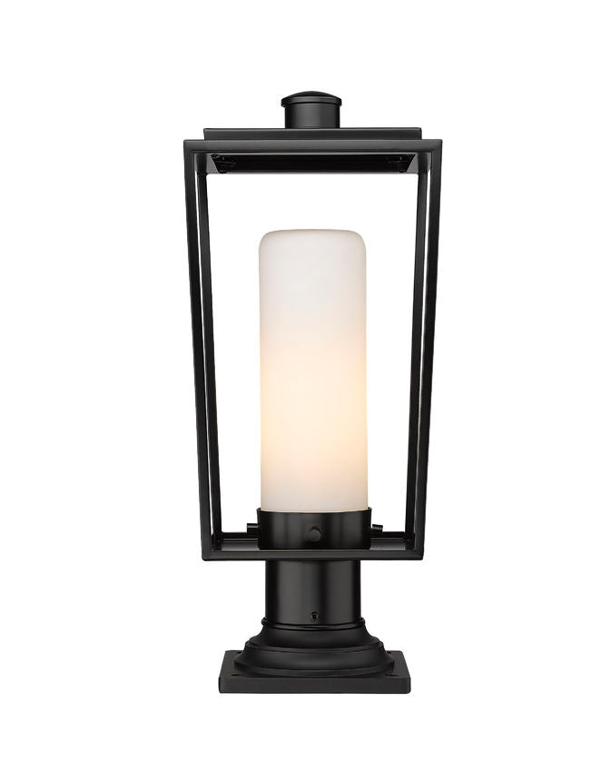 Z-Lite Sheridan 8" W x 20" H 1-Light Black Outdoor Pier Mounted Fixture and Square Pier Mount Hardware With White Opal Glass Shade