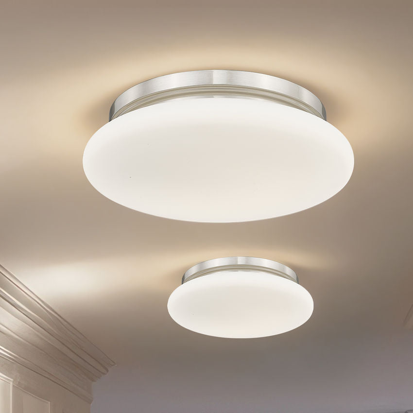 Z-Lite Soleil 12" 1-Light Integrated LED Brushed Nickel Steel Frame Matte Opal Glass Shade Flush Mount Lighting