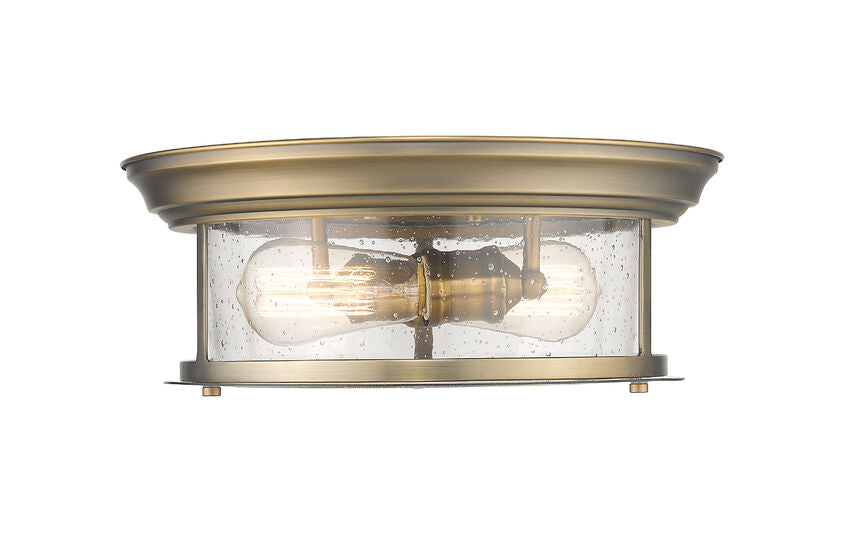 Z-Lite Sonna 14" 2-Light Heritage Brass Flush Mount Lighting With Clear Seedy Glass Shade