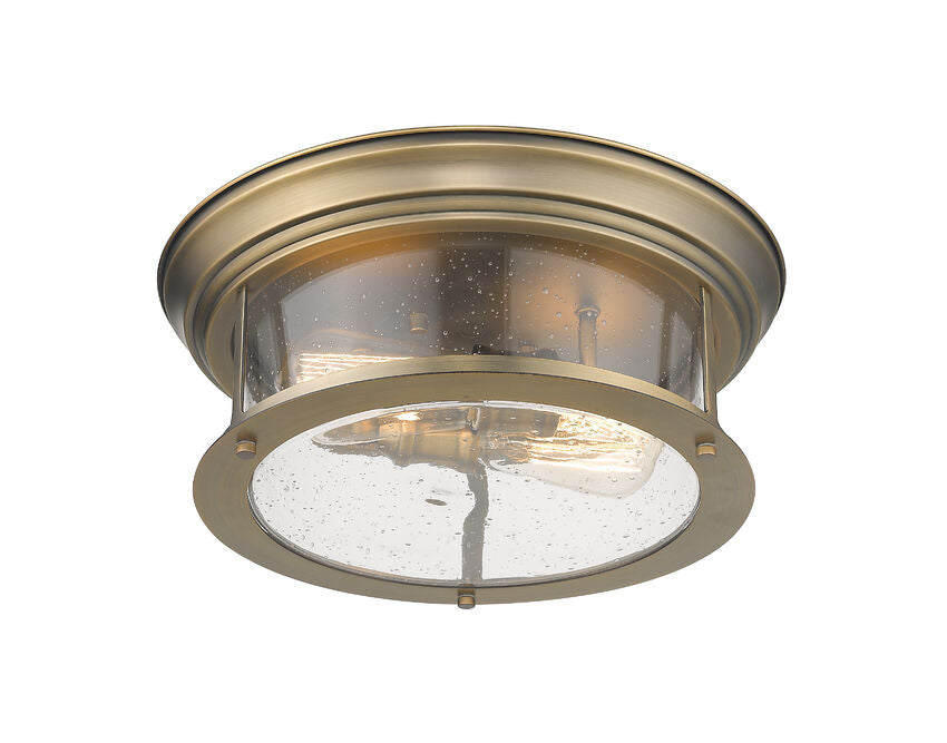 Z-Lite Sonna 14" 2-Light Heritage Brass Flush Mount Lighting With Clear Seedy Glass Shade