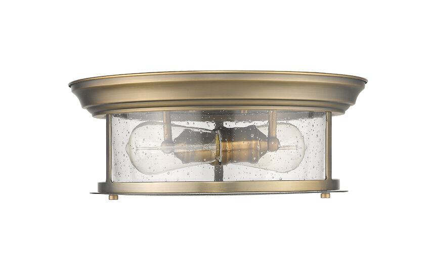 Z-Lite Sonna 14" 2-Light Heritage Brass Flush Mount Lighting With Clear Seedy Glass Shade