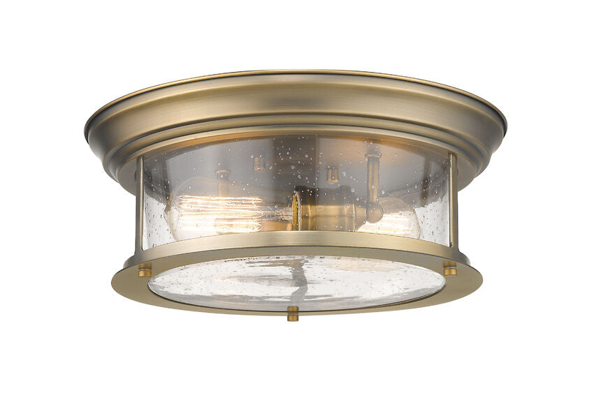 Z-Lite Sonna 14" 2-Light Heritage Brass Flush Mount Lighting With Clear Seedy Glass Shade