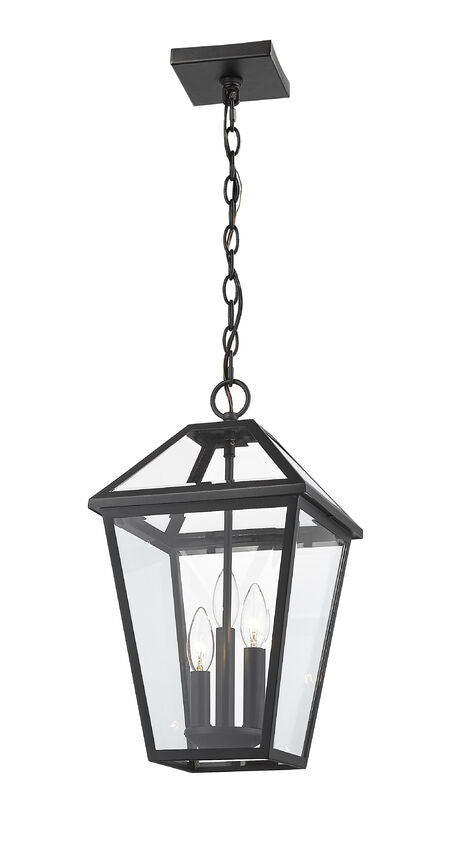 Z-Lite Talbot 10" 3-Light Black Outdoor Chain Mount Ceiling Fixture With Clear Beveled Glass Shade