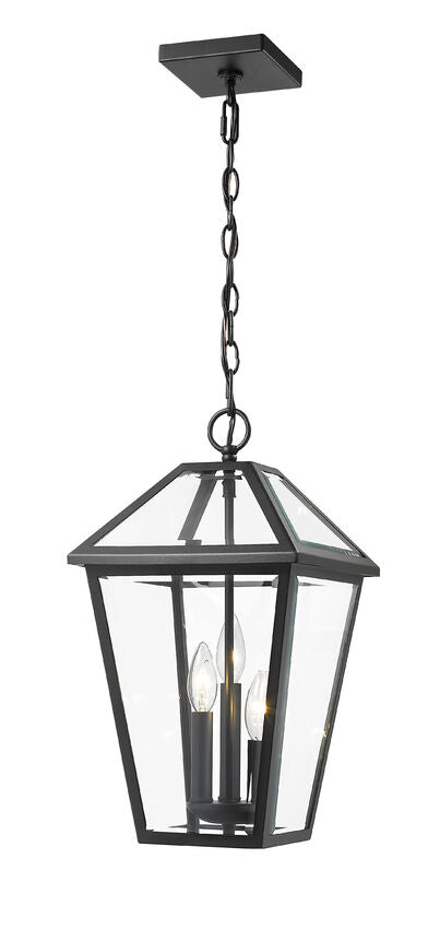 Z-Lite Talbot 10" 3-Light Black Outdoor Chain Mount Ceiling Fixture With Clear Beveled Glass Shade