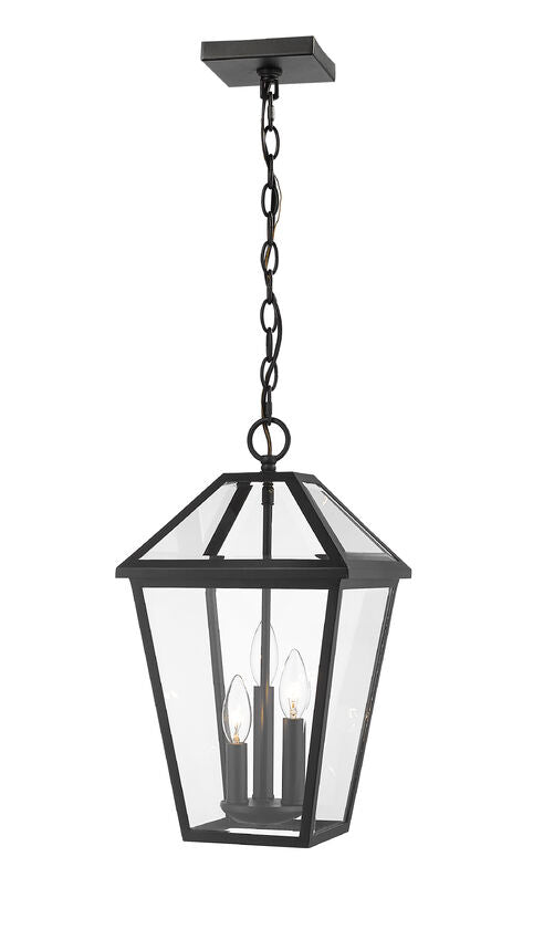 Z-Lite Talbot 10" 3-Light Black Outdoor Chain Mount Ceiling Fixture With Clear Beveled Glass Shade