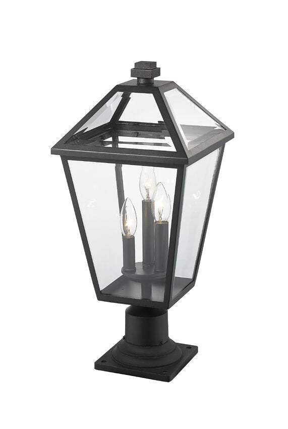 Z-Lite Talbot 10" W x 22" H 3-Light Black Outdoor Pier Mounted Fixture and Square Pier Mount Hardware With Clear Beveled Glass Shade