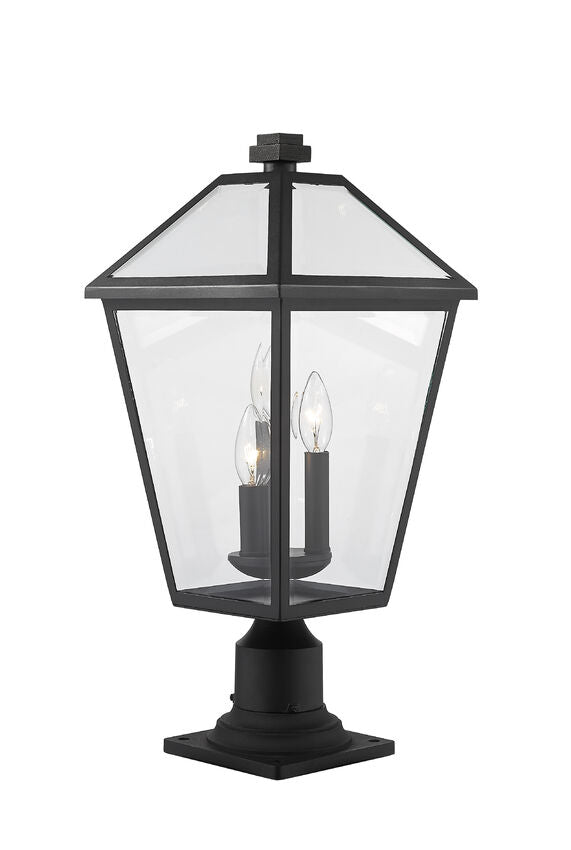 Z-Lite Talbot 10" W x 22" H 3-Light Black Outdoor Pier Mounted Fixture and Square Pier Mount Hardware With Clear Beveled Glass Shade