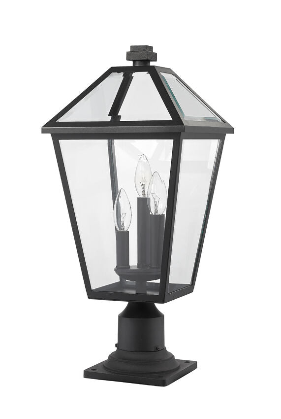 Z-Lite Talbot 10" W x 22" H 3-Light Black Outdoor Pier Mounted Fixture and Square Pier Mount Hardware With Clear Beveled Glass Shade