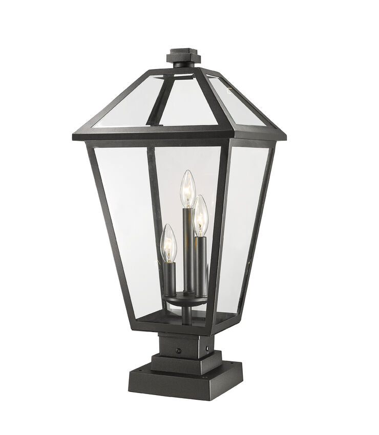 Z-Lite Talbot 12" W x 25" H 3-Light Black Outdoor Pier Mounted Fixture and Square Pier Mount Hardware With Clear Beveled Glass Shade
