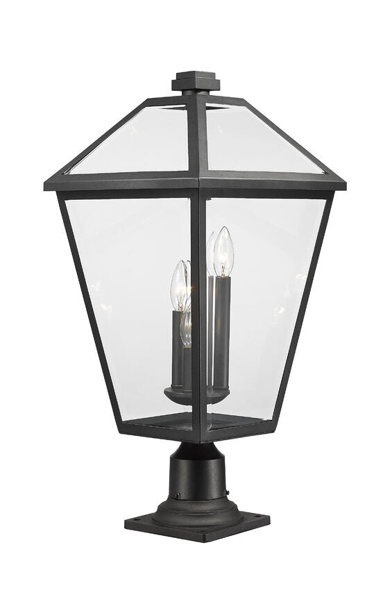 Z-Lite Talbot 12" W x 26" H 3-Light Black Outdoor Pier Mounted Fixture and Square Pier Mount Hardware With Clear Beveled Glass Shade