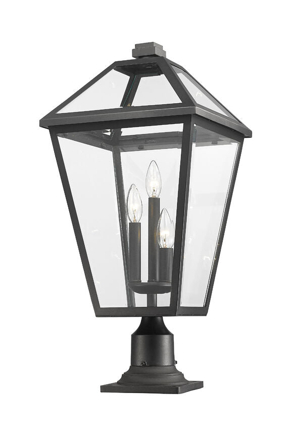 Z-Lite Talbot 12" W x 26" H 3-Light Black Outdoor Pier Mounted Fixture and Square Pier Mount Hardware With Clear Beveled Glass Shade