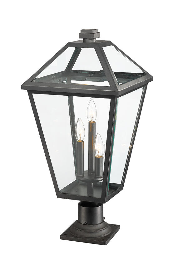 Z-Lite Talbot 12" W x 26" H 3-Light Black Outdoor Pier Mounted Fixture and Square Pier Mount Hardware With Clear Beveled Glass Shade