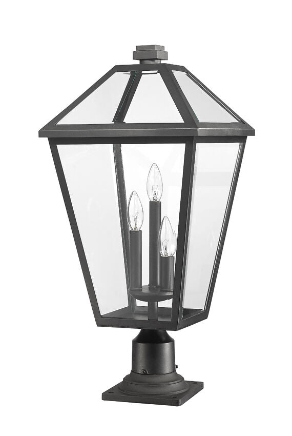 Z-Lite Talbot 12" W x 26" H 3-Light Black Outdoor Pier Mounted Fixture and Square Pier Mount Hardware With Clear Beveled Glass Shade