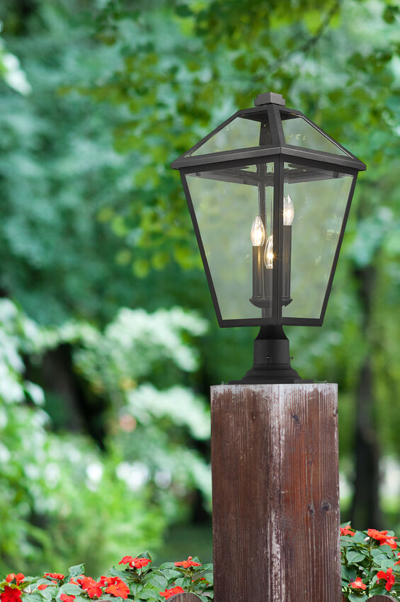 Z-Lite Talbot 12" W x 26" H 3-Light Black Outdoor Pier Mounted Fixture and Square Pier Mount Hardware With Clear Beveled Glass Shade