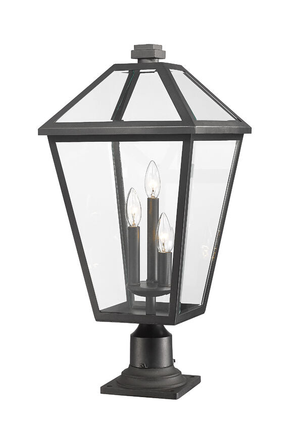 Z-Lite Talbot 12" W x 26" H 3-Light Black Outdoor Pier Mounted Fixture and Square Pier Mount Hardware With Clear Beveled Glass Shade