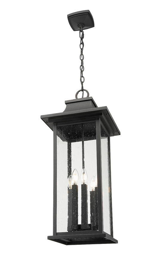 Z-Lite Tiberius 12" 6-Light Candelabra Base Black Aluminum Clear Seedy Glass Shade Outdoor Chain Mount Ceiling Fixture