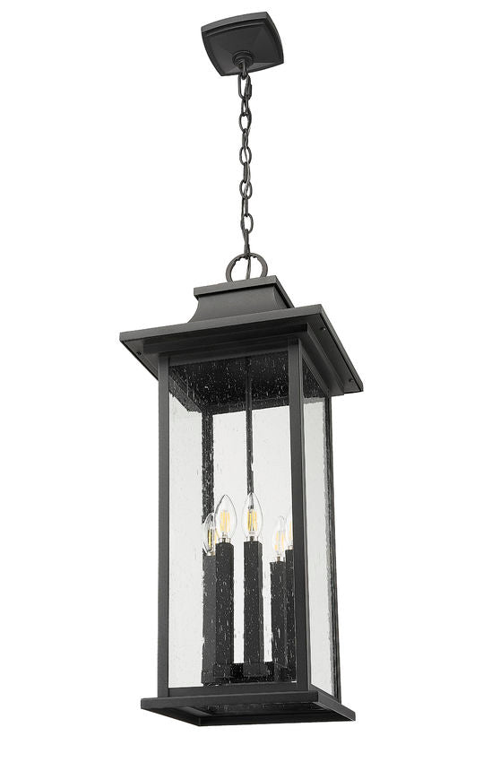Z-Lite Tiberius 12" 6-Light Candelabra Base Black Aluminum Clear Seedy Glass Shade Outdoor Chain Mount Ceiling Fixture