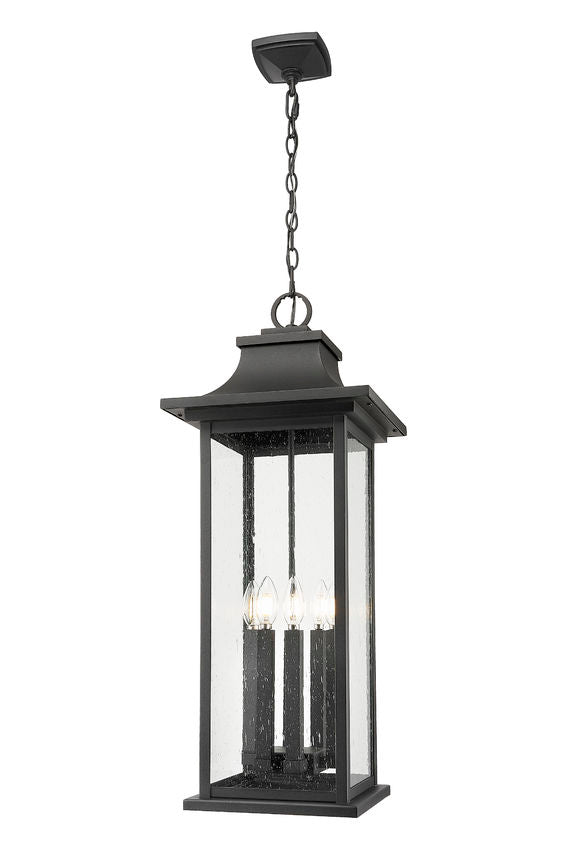 Z-Lite Tiberius 12" 6-Light Candelabra Base Black Aluminum Clear Seedy Glass Shade Outdoor Chain Mount Ceiling Fixture