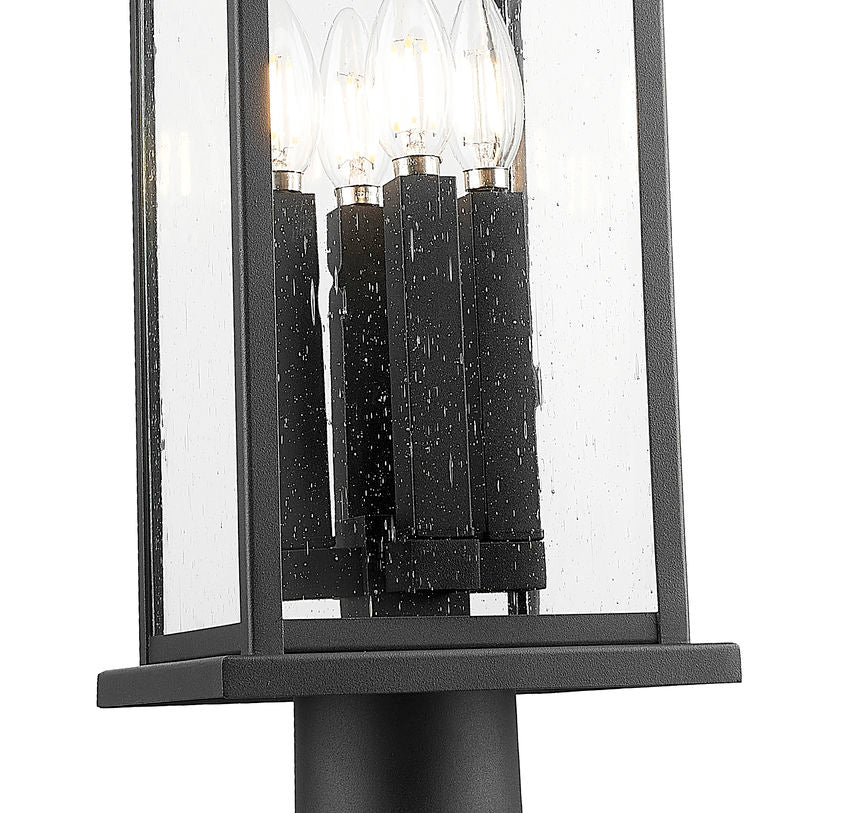 Z-Lite Tiberius 5017PHBR-5011P-BK 4-Light Clear Seedy Glass Shade Black Aluminum Outdoor Post Mounted Fixture