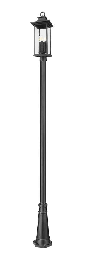 Z-Lite Tiberius 5017PHBR-5011P-BK 4-Light Clear Seedy Glass Shade Black Aluminum Outdoor Post Mounted Fixture