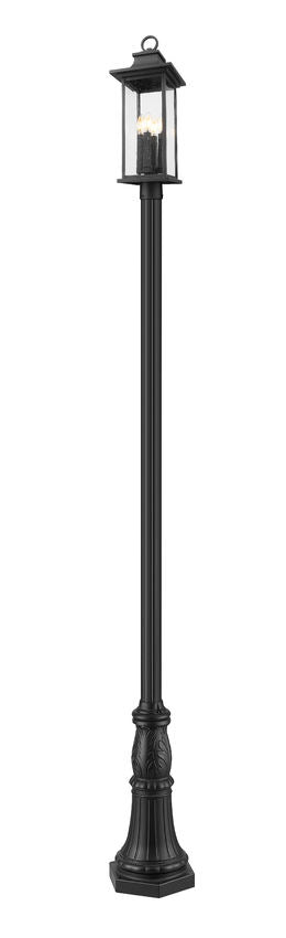 Z-Lite Tiberius 5017PHBR-518P-BK 4-Light Clear Seedy Glass Shade Black Aluminum Outdoor Post Mounted Fixture