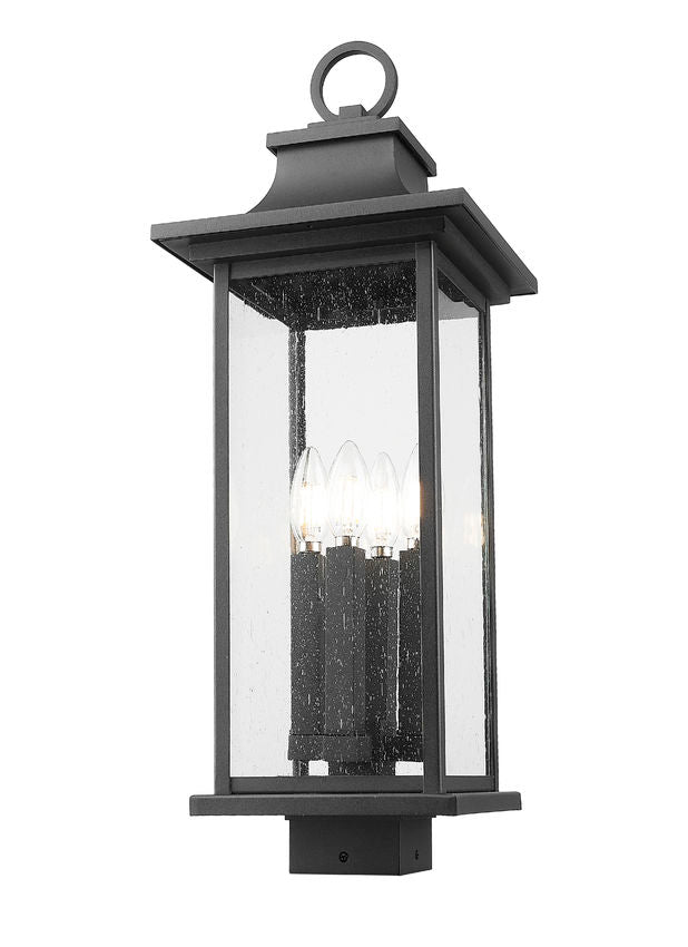 Z-Lite Tiberius 5017PHBS-BK 4-Light Candelabra Base Black Aluminum Clear Seedy Glass Shade Outdoor Post Mount Fixture