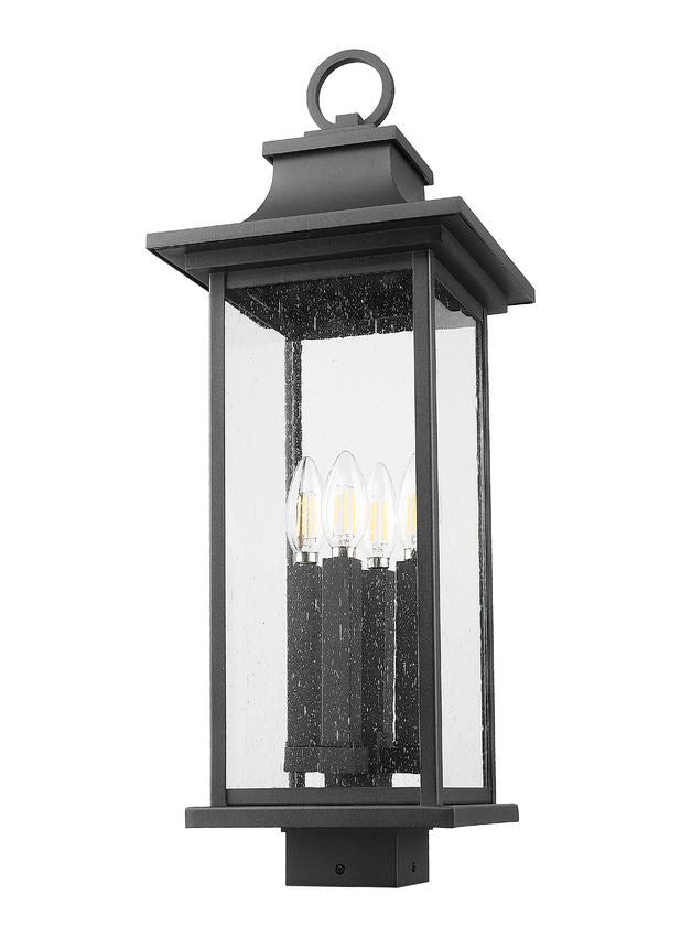 Z-Lite Tiberius 5017PHBS-BK 4-Light Candelabra Base Black Aluminum Clear Seedy Glass Shade Outdoor Post Mount Fixture
