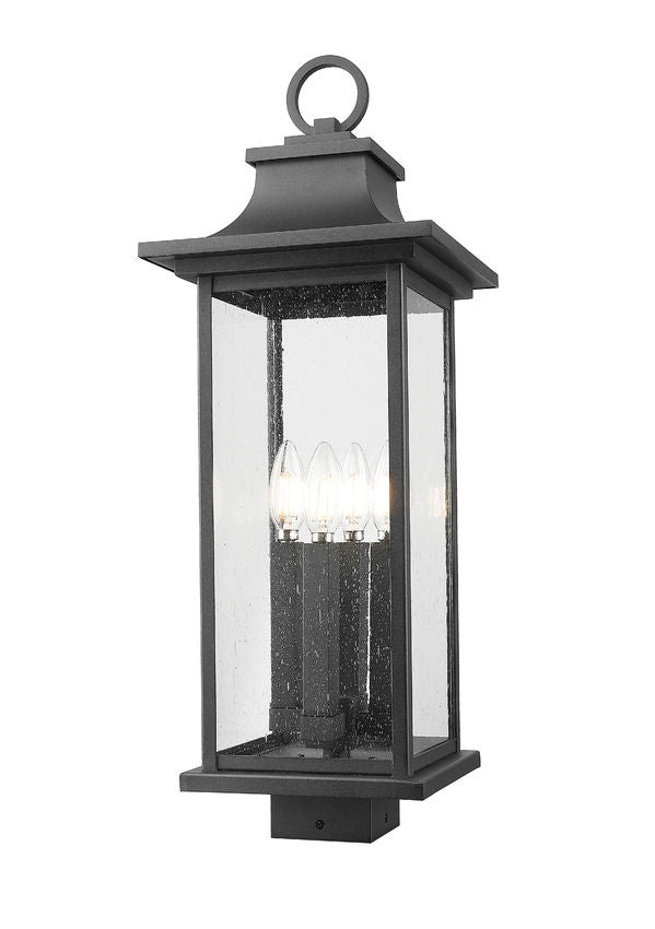 Z-Lite Tiberius 5017PHBS-BK 4-Light Candelabra Base Black Aluminum Clear Seedy Glass Shade Outdoor Post Mount Fixture