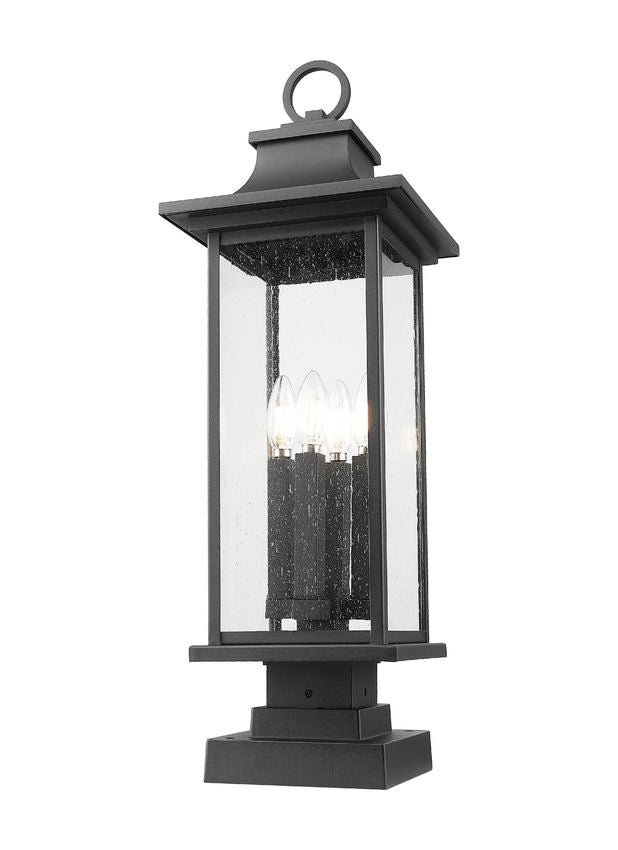 Z-Lite Tiberius 5017PHBS-SQPM-BK 4-Light Candelabra Base Black Aluminum Clear Seedy Glass Shade Outdoor Pier Mounted Fixture