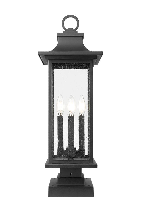 Z-Lite Tiberius 5017PHBS-SQPM-BK 4-Light Candelabra Base Black Aluminum Clear Seedy Glass Shade Outdoor Pier Mounted Fixture