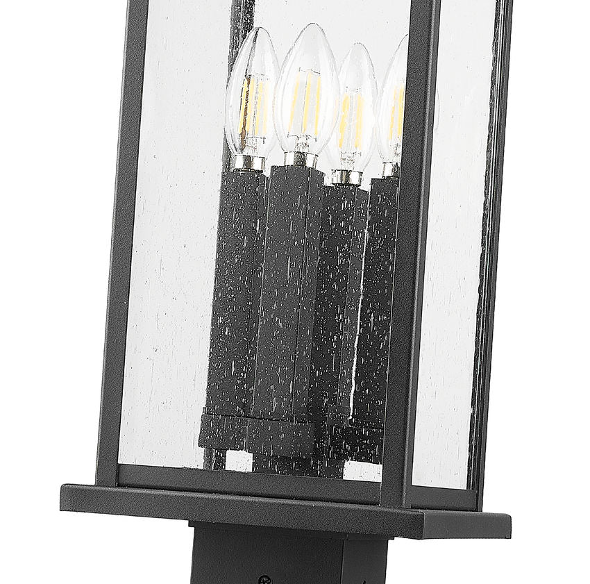 Z-Lite Tiberius 5017PHBS-SQPM-BK 4-Light Candelabra Base Black Aluminum Clear Seedy Glass Shade Outdoor Pier Mounted Fixture