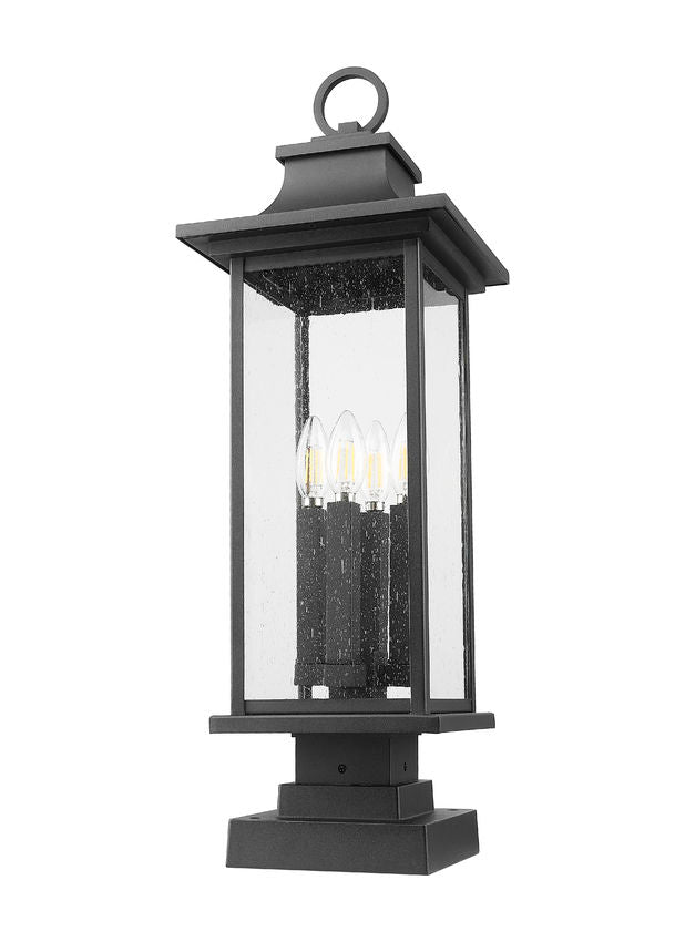 Z-Lite Tiberius 5017PHBS-SQPM-BK 4-Light Candelabra Base Black Aluminum Clear Seedy Glass Shade Outdoor Pier Mounted Fixture